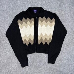 Resource Vintage Chevron Zip Up Cardigan Sweater Black Tan Zig Zag Large